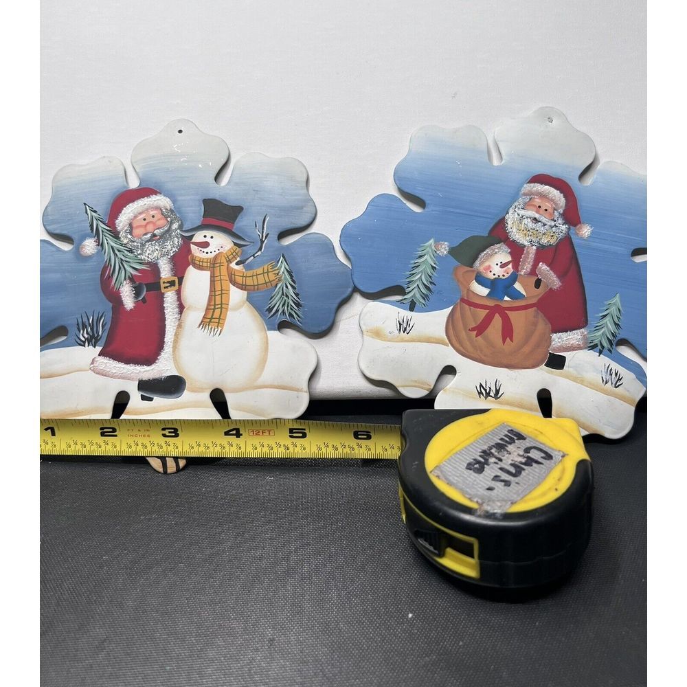 2 Vintage Hand painted 6"‎ Metal Snowflakes With Santa And Snowman Very Cute!